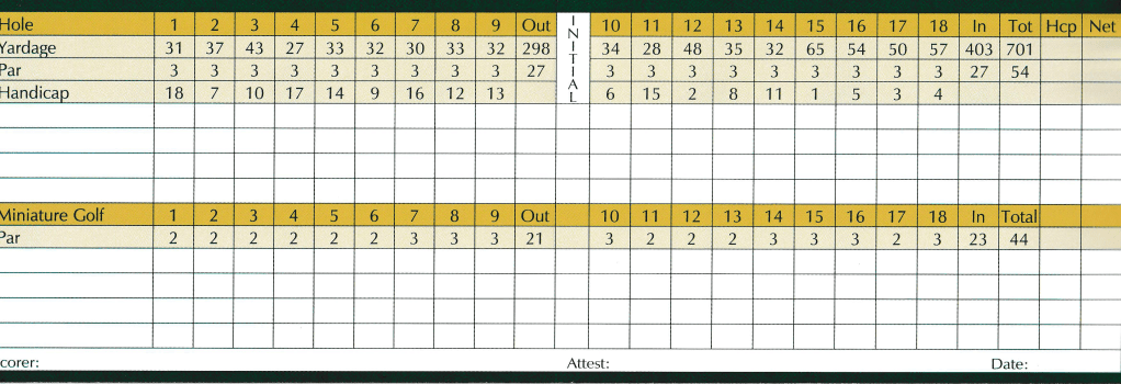 Pheasant Run Pitch N Putt and Mini Golf Scorecard